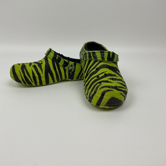 CROCS Shoes - Crocs Zebra Print Fuzz Lined Clogs Mens 6 Womens 8 Neon Green Black Shoes